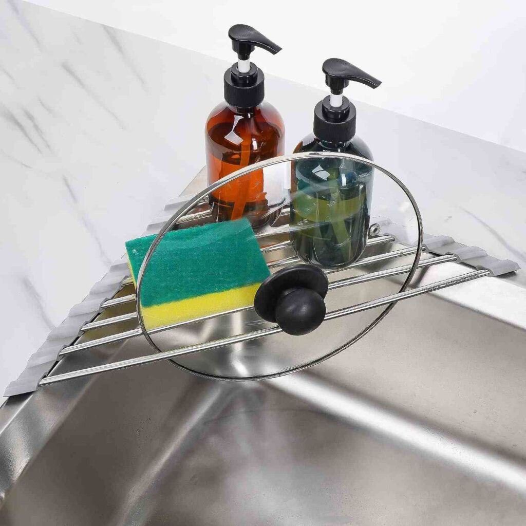 2 shower bottles, scotch bread, and glass cap are racked on dish rack